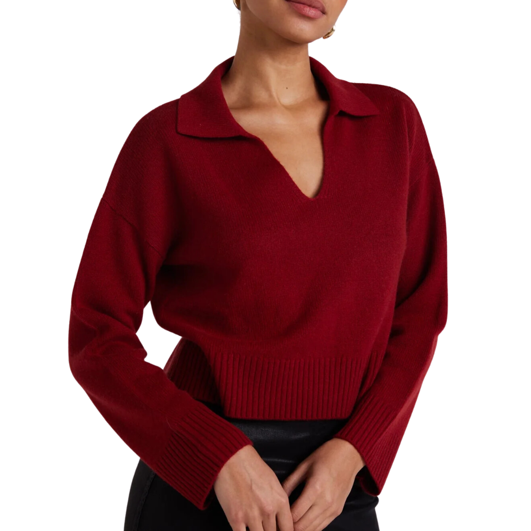Wool and Cashmere Blend Collared Sweater in Garnet Red