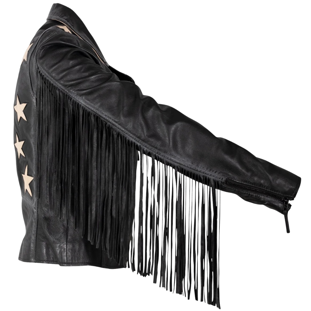 Crissy Star and Fringe Detail Leather Jacket in Black