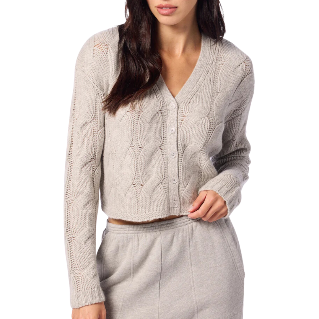 Jolie V-Neck Cropped Cable Cashmere Cardigan in Foggy