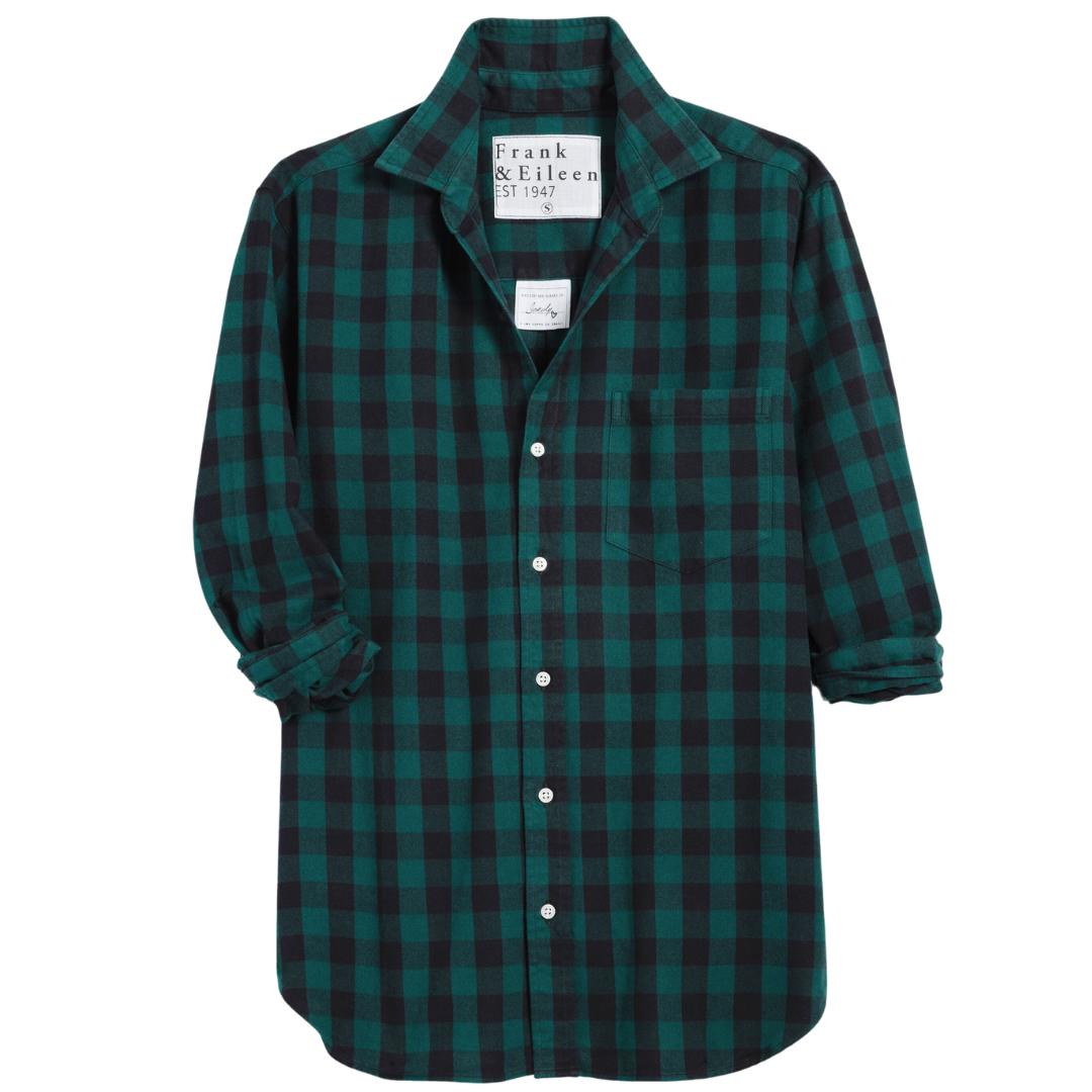 Joedy Boyfriend Button-Up Shirt in Italian Flannel Green, Black Check
