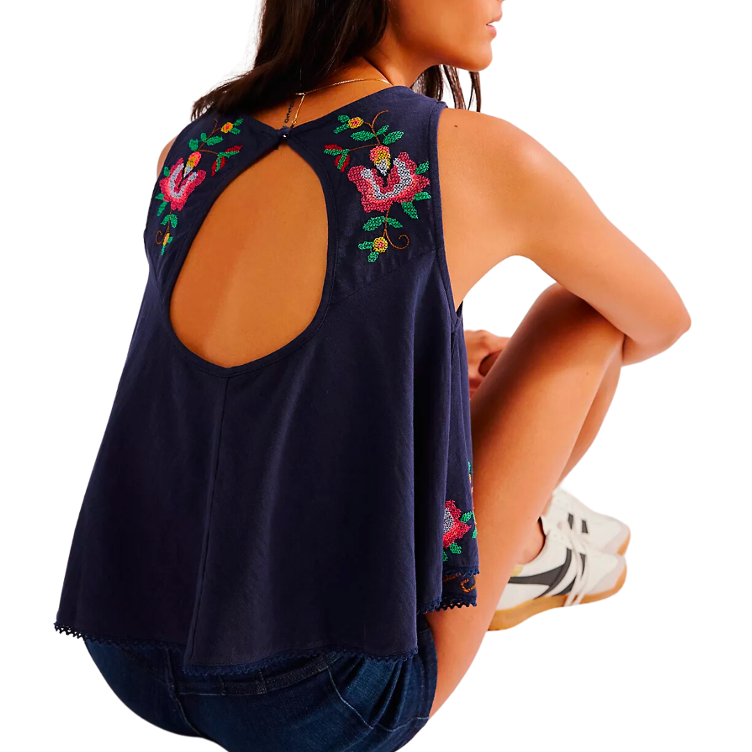 Fun and Flirty Embroidered Top in Cobalt Blue Combo
