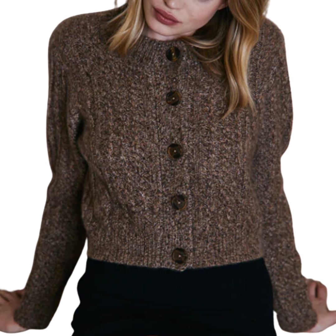 Cropped Boxy Cable Cardigan in Brownstone
