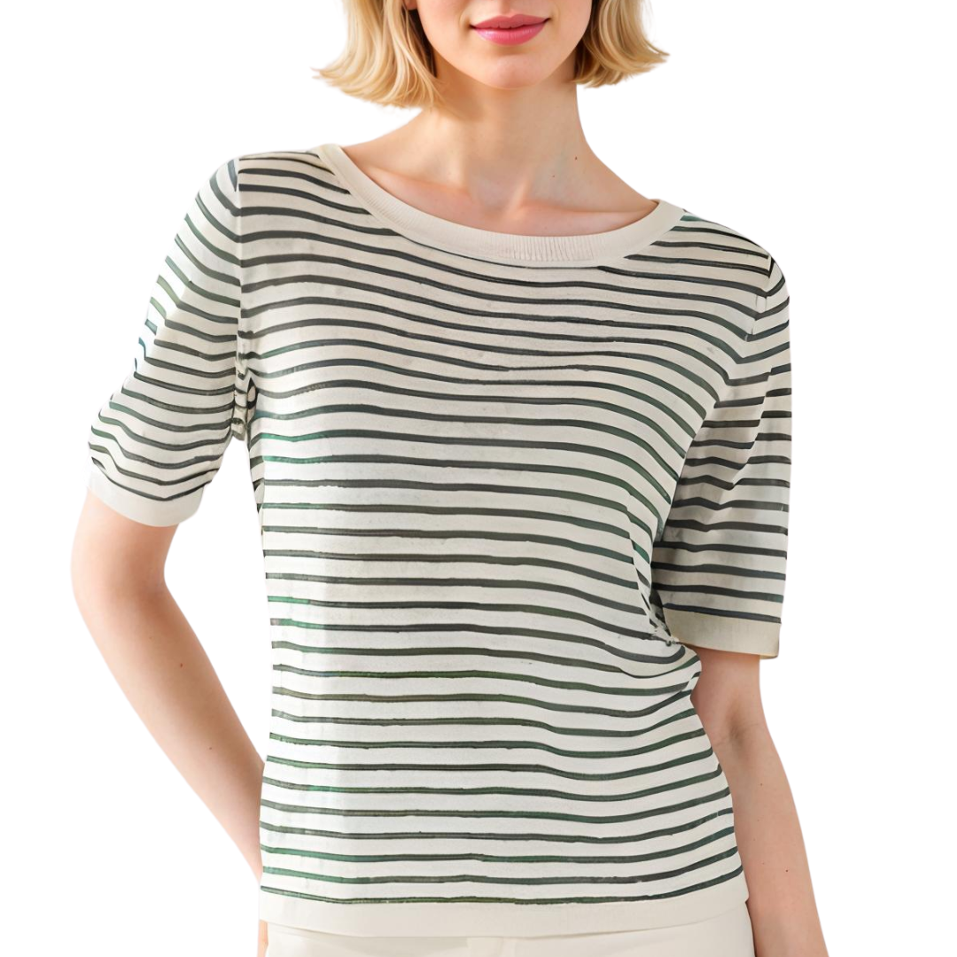 Linen Knit Stripe Elbow Sleeve Crewneck in Agave