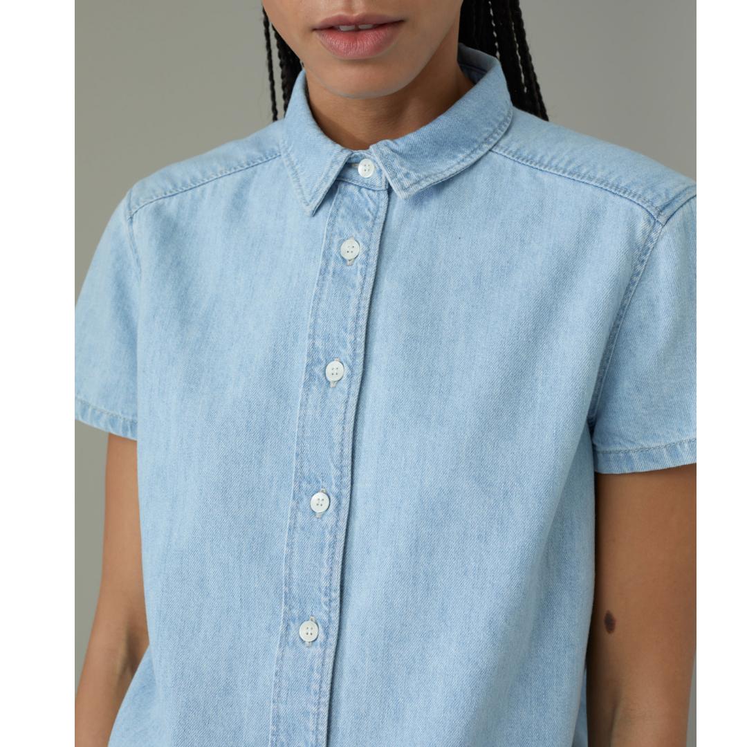 A Better Blue Short Sleeve Denim Blouse