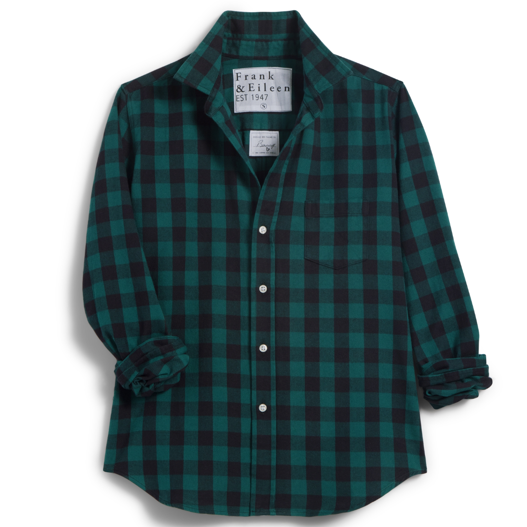 Barry Tailored Button-Up Shirt in Italian Flannel Green, Black Check