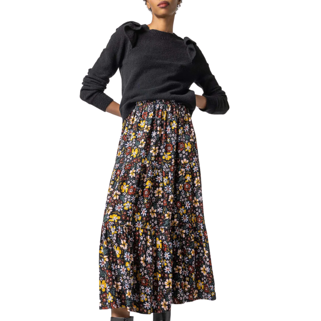 Floral Tiered Skirt in Black Floral