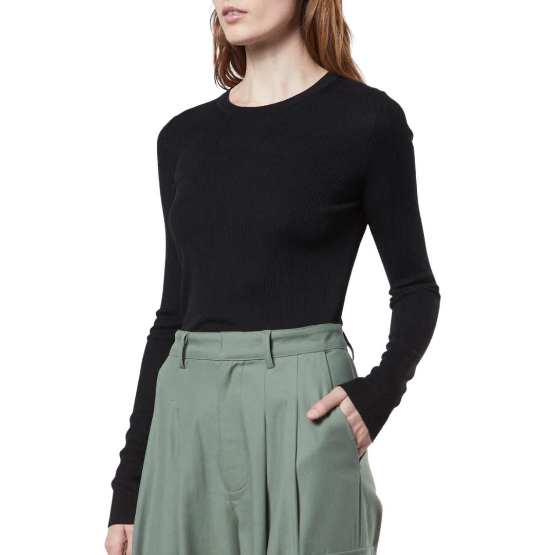 Silk Sweater Knit Long Sleeve Crew in Black