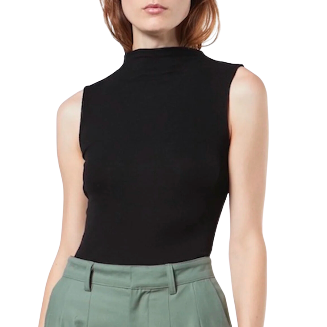 Silk Knit Sleeveless Mockneck in Black