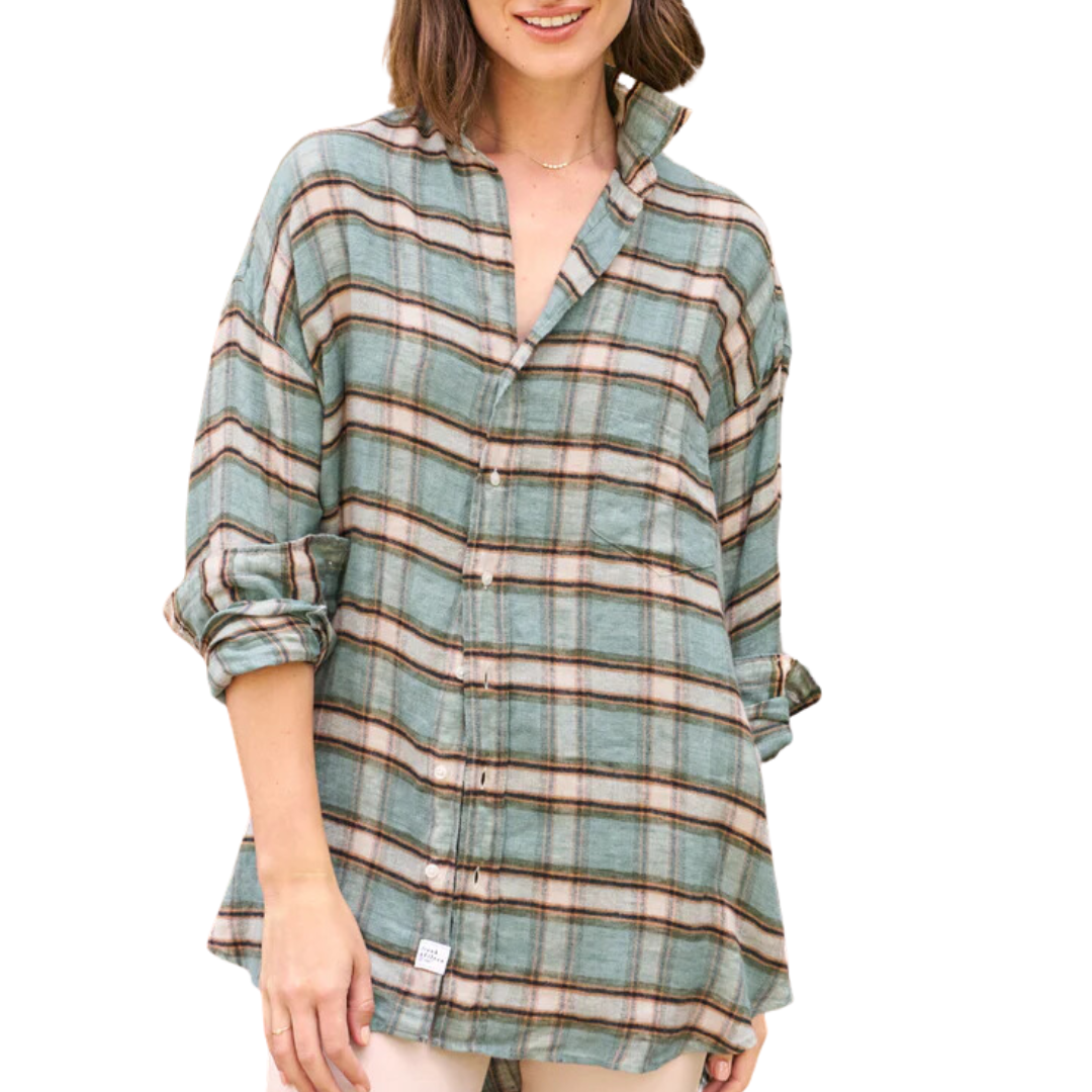 Shirley in Italian Linen Green and Sand with Black Plaid