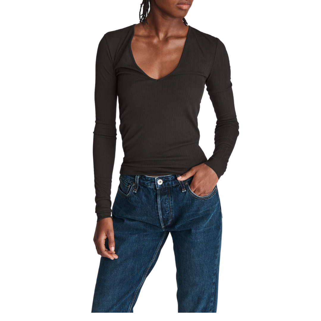 Zoe Deep V-Neck Rib Long Sleeve