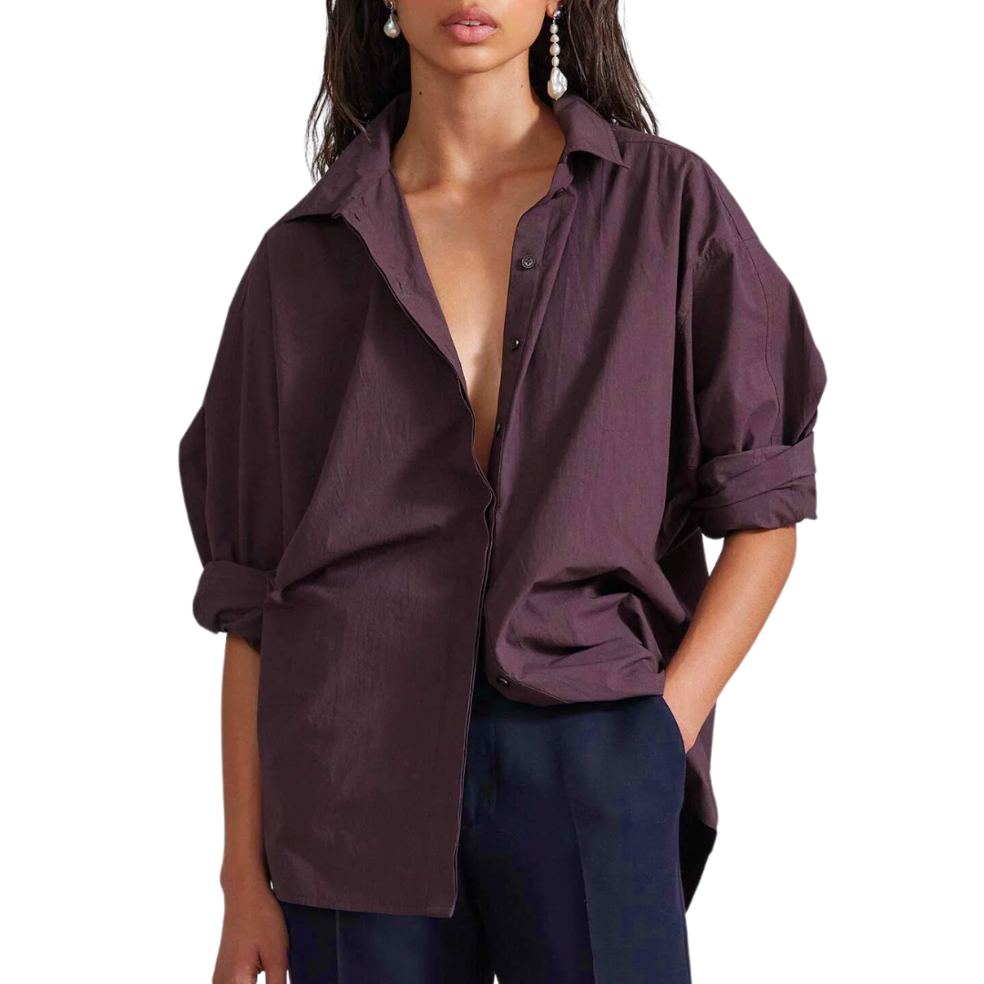 Kaarina Dolman Button Down in Chocolate Plum