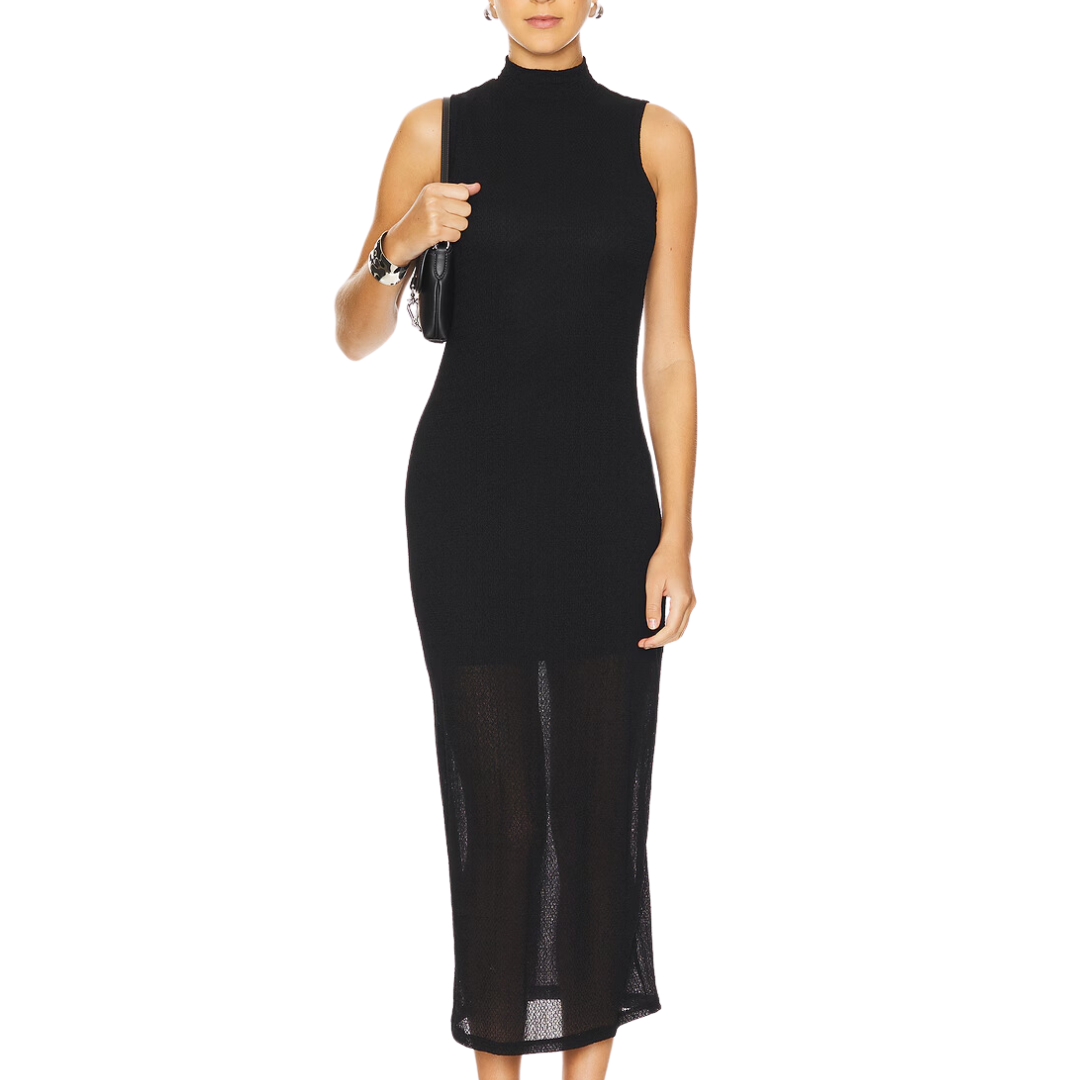 Sleeveless Mesh Mockneck Dress in Black