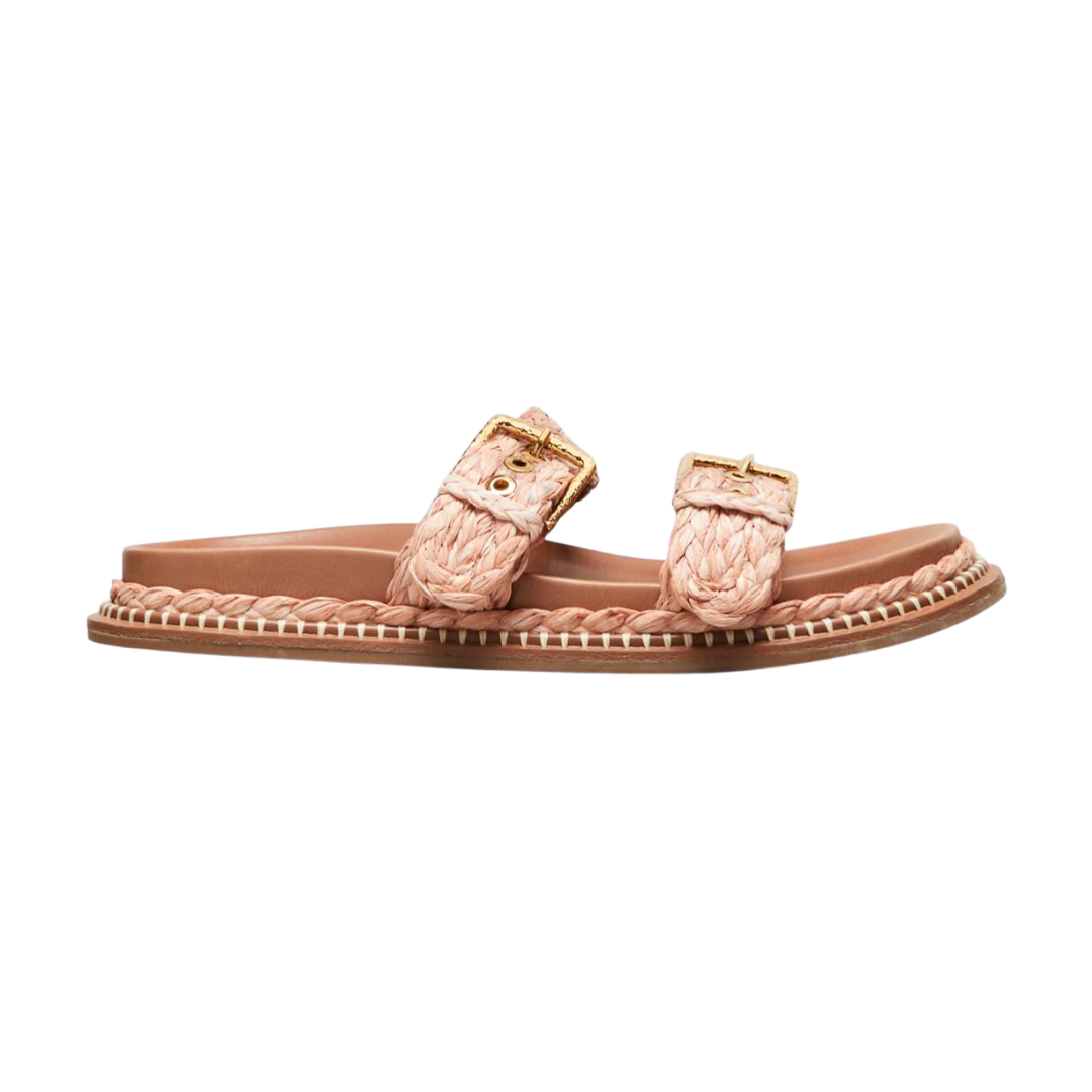 Kiera Raffia Dual-Buckle Slide Sandals in Teracotta