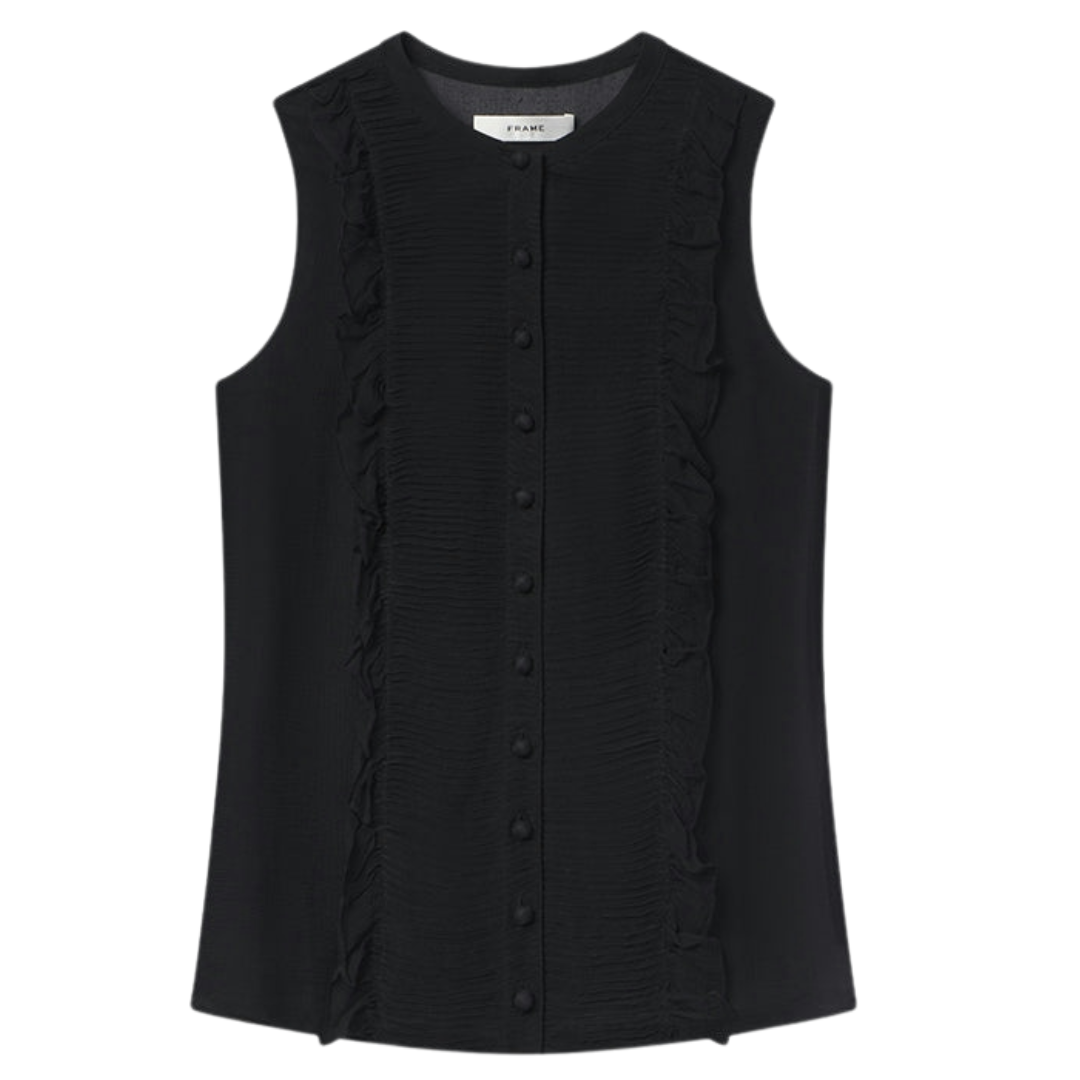 Sleeveless Ruffle Trim Blouse in Black