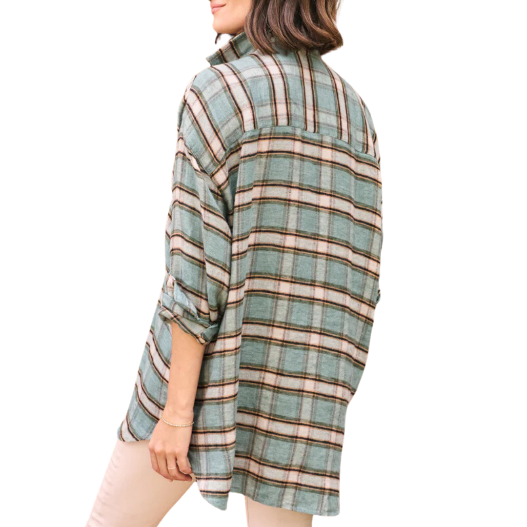 Shirley in Italian Linen Green and Sand with Black Plaid