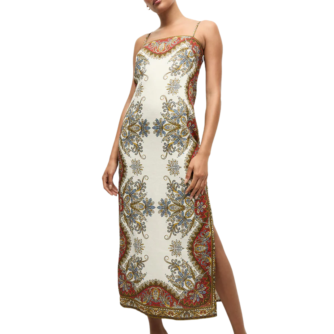 Petra Linen Dress in Dove/Red Multi