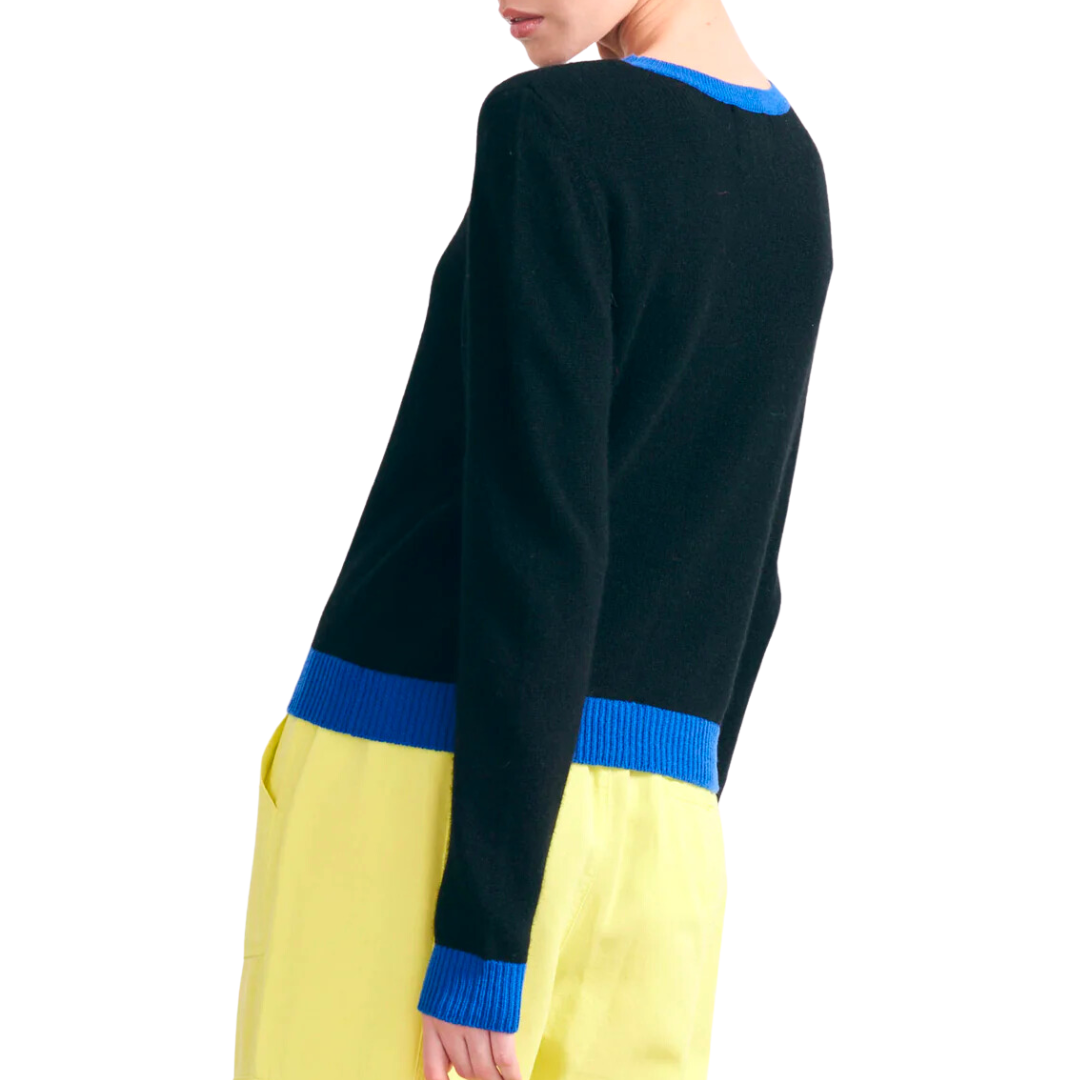 Contrast Cashmere Crew in Black and Bright Blue
