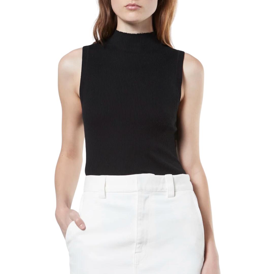 Silk Sweater Knit Sleeveless Mockneck in Black
