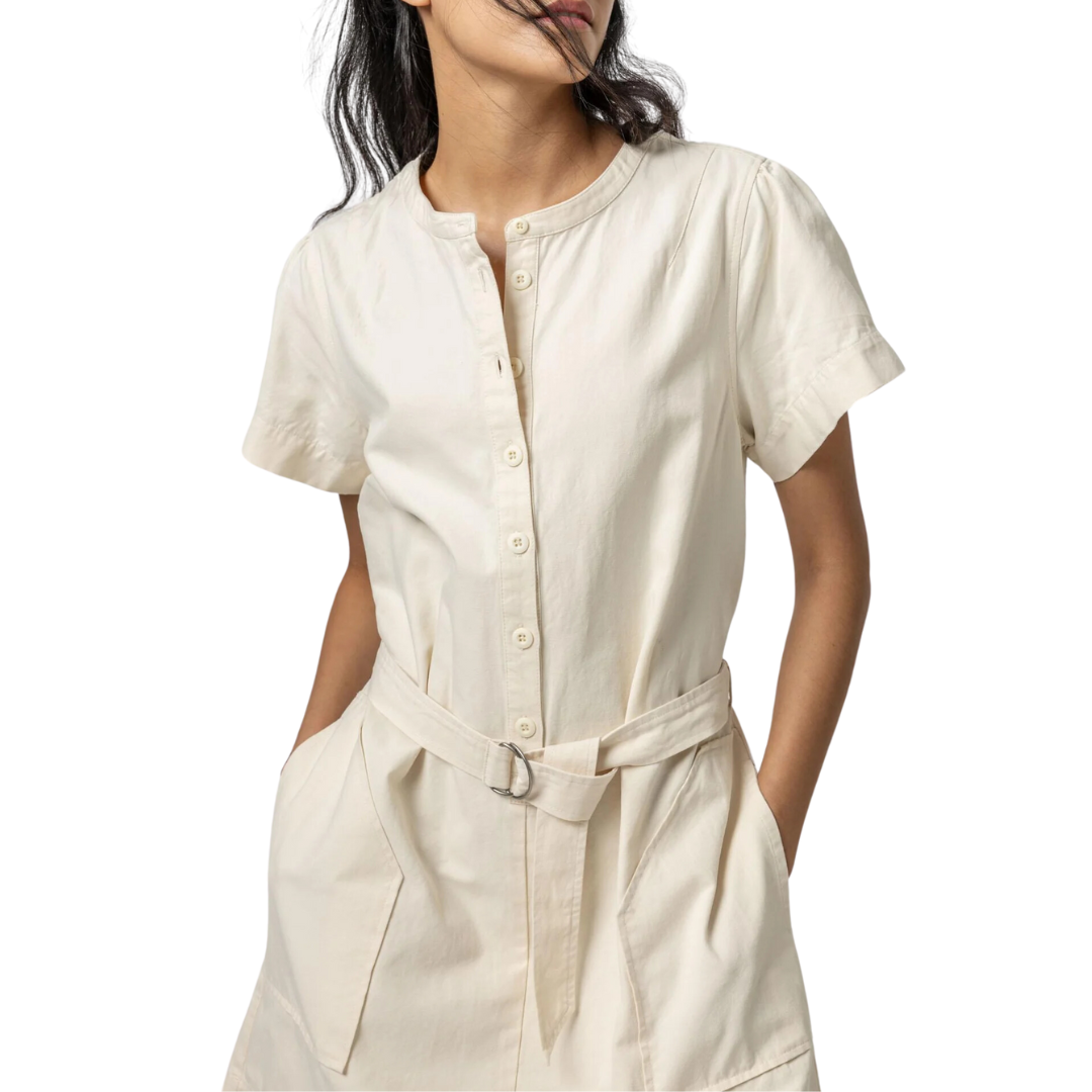 Half-Placket Canvas Dress in Ecru