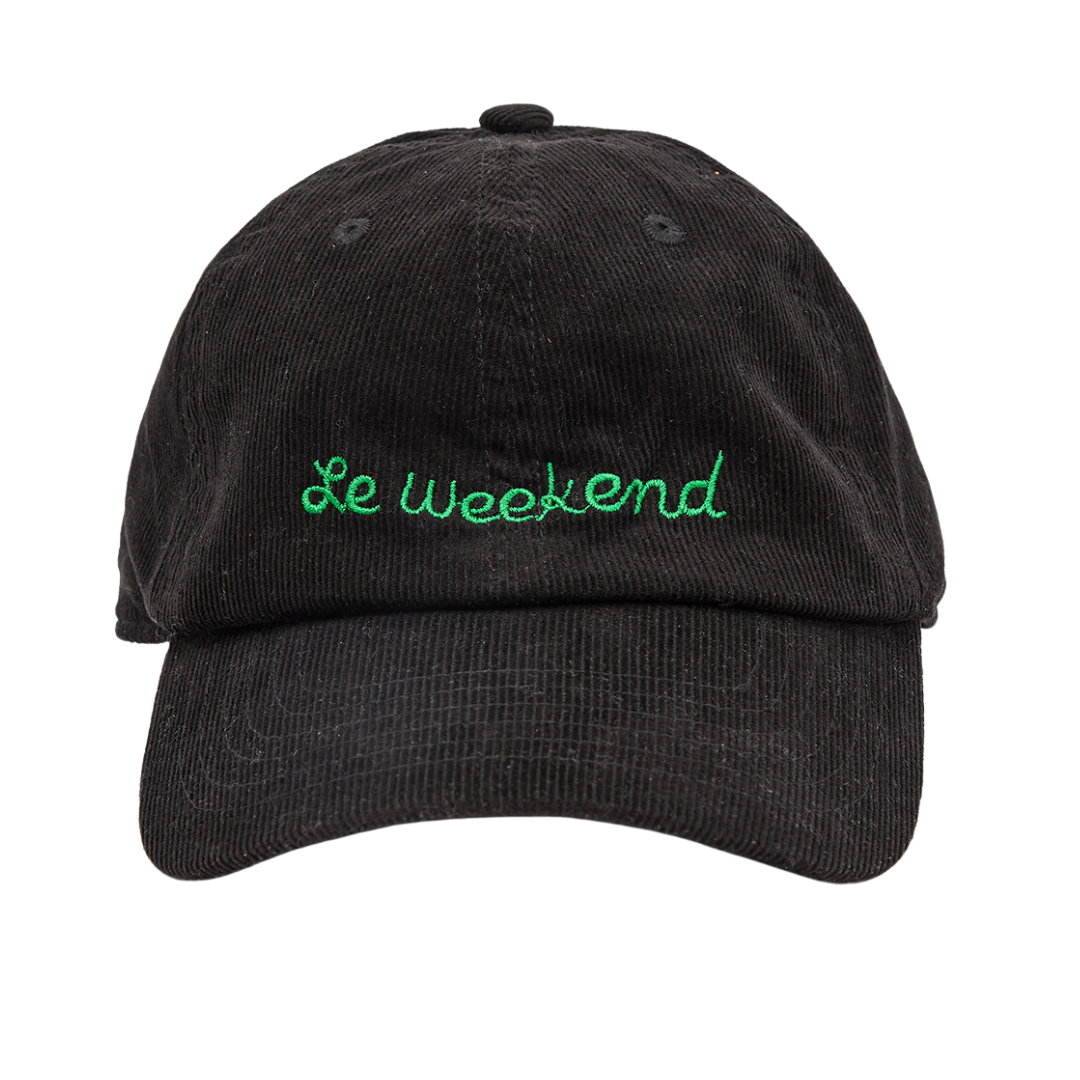 Baseball Hat in Black Corduroy w/ Green Embroidered Le Weekend