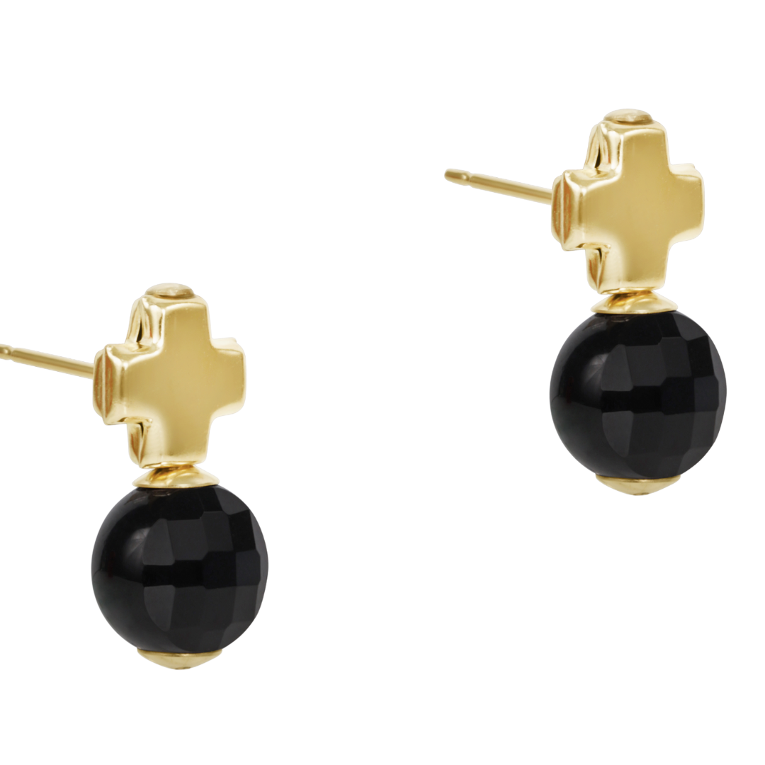 Signature Cross Gold Stud Earrings in Faceted Onyx