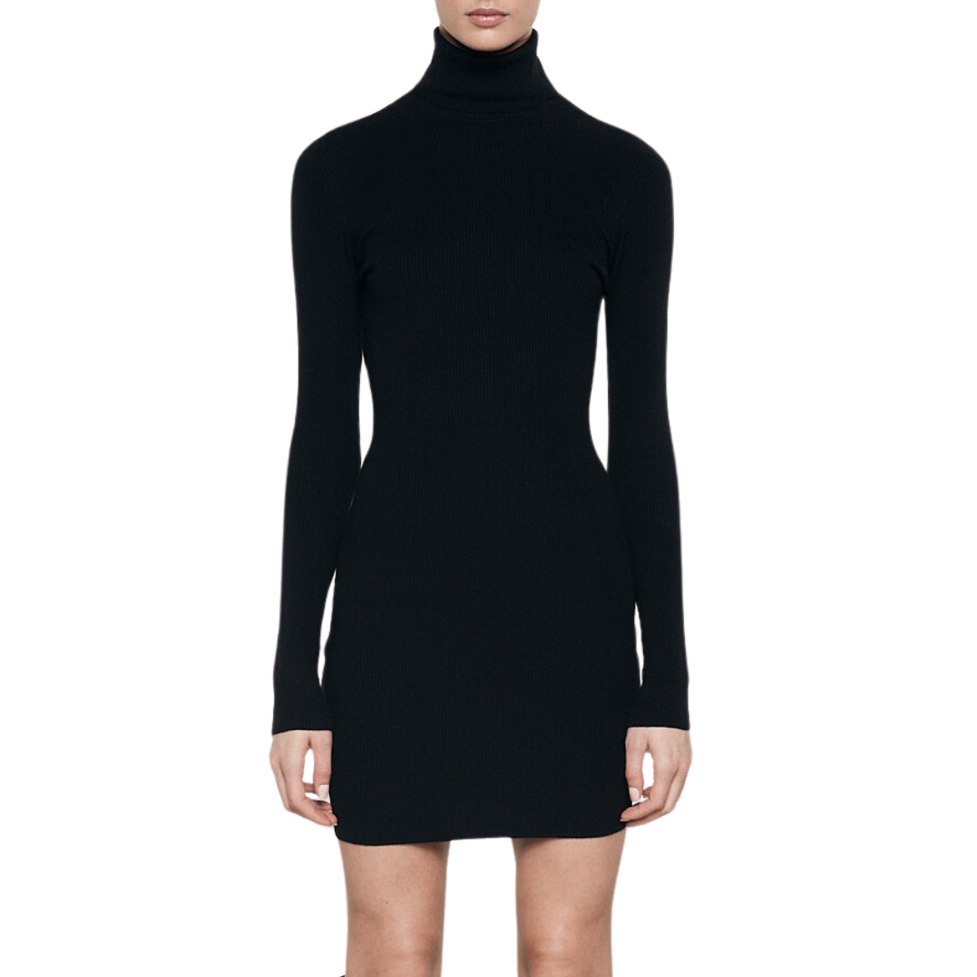 Enza Costa Silk Sweater Rib Turtleneck Mini Dress in Black Enza Costa Silk Sweater Rib Turtleneck Mini Dress in Black