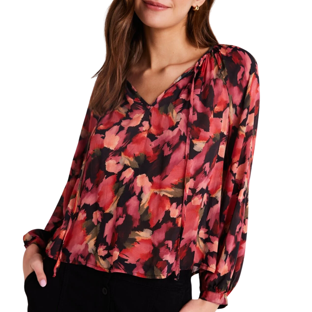 Shirred Raglan Tie Front Blouse in Autumn Bloom Print
