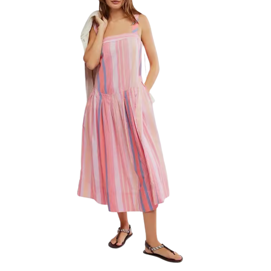 Primavera Striped Midi Dress in Strawberry Combo