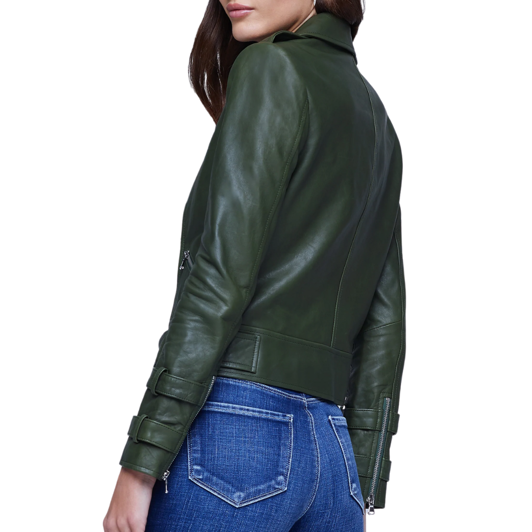 Billie Belted Leather Jacket in Dark Moss