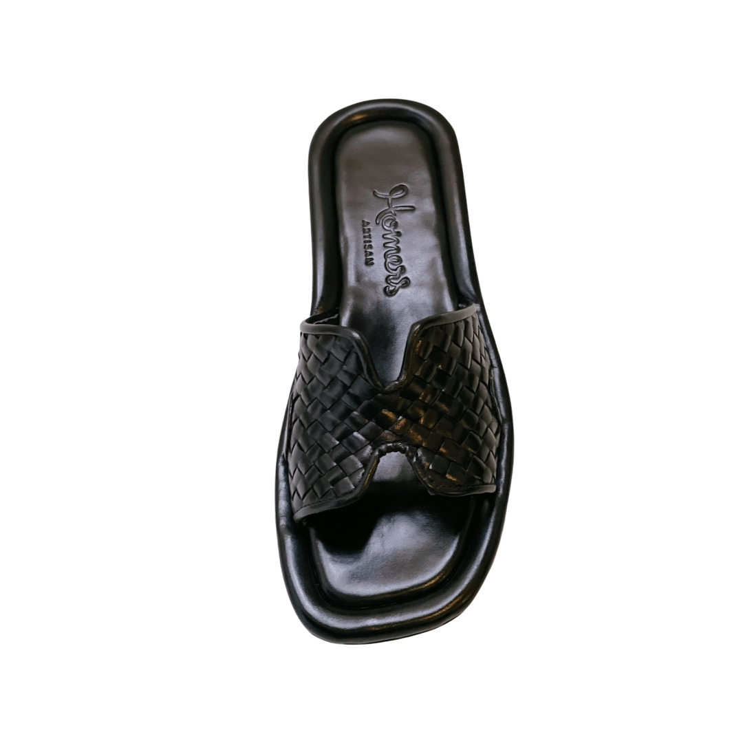 Woven Leather Notched Slide Sandal in Black