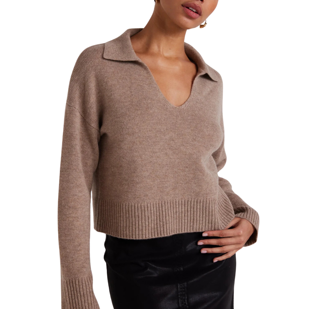 Wool and Cashmere Blend Collared Sweater in Heather Fawn