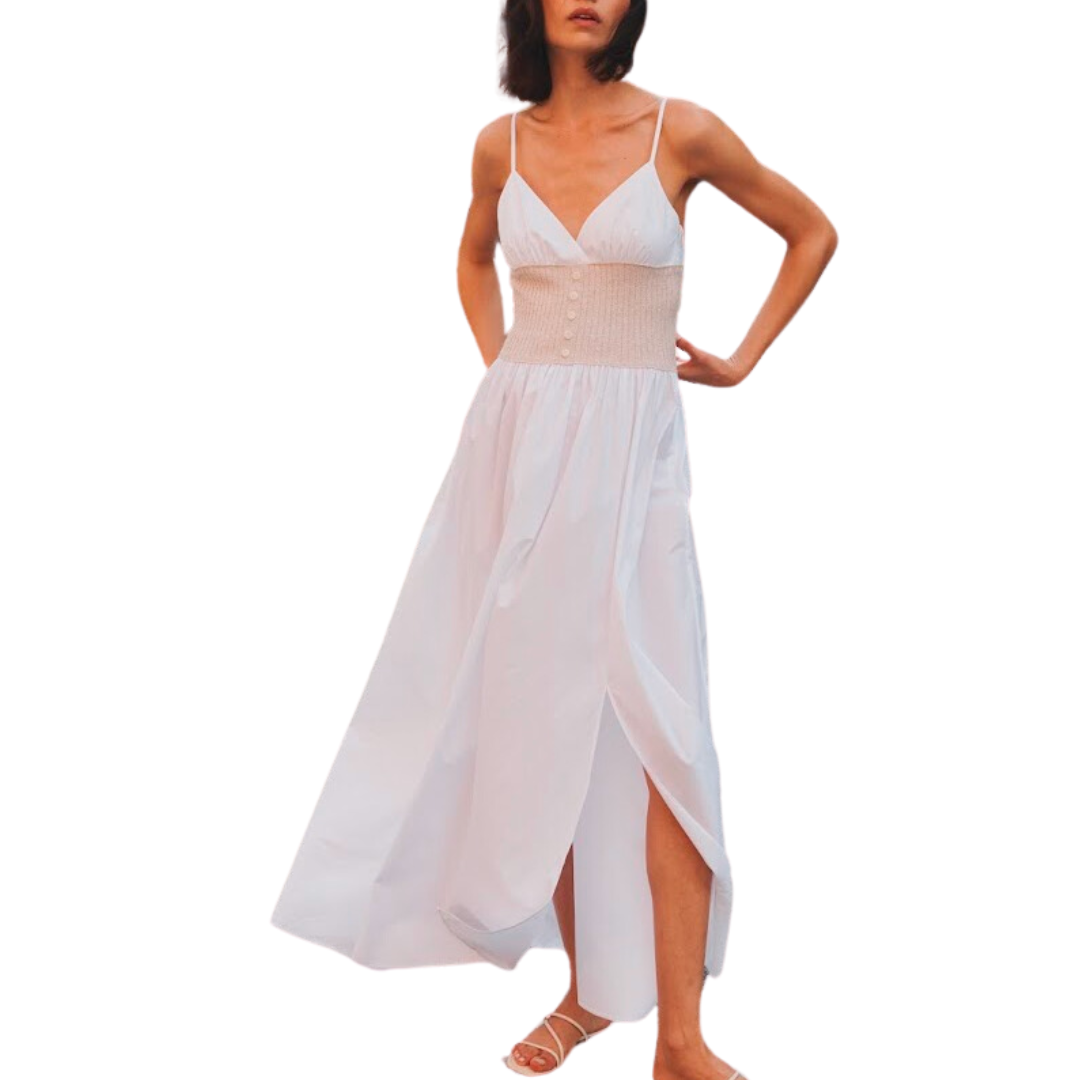 Cotton Cashmere Full Length Hybrid Dress in Beige Combo