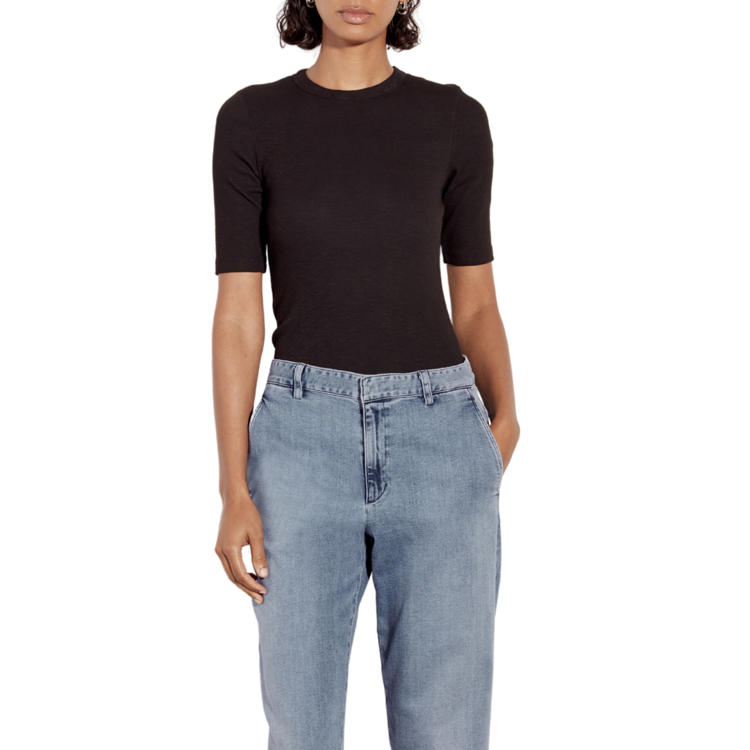 Textured Knit Half Sleeve Bodysuit in Black