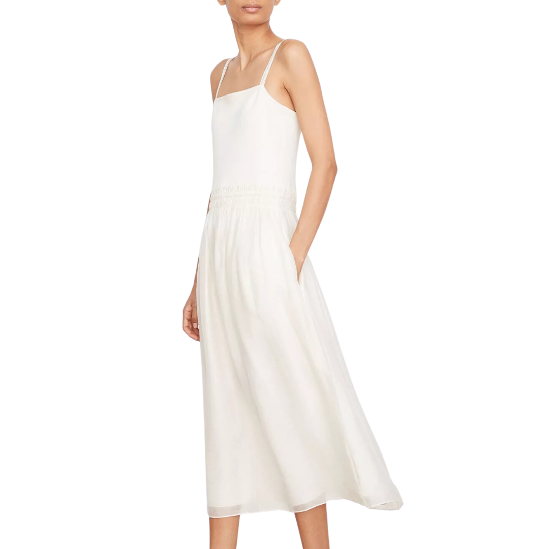 Smocked Mixed-Media Camisole Dress in Off White