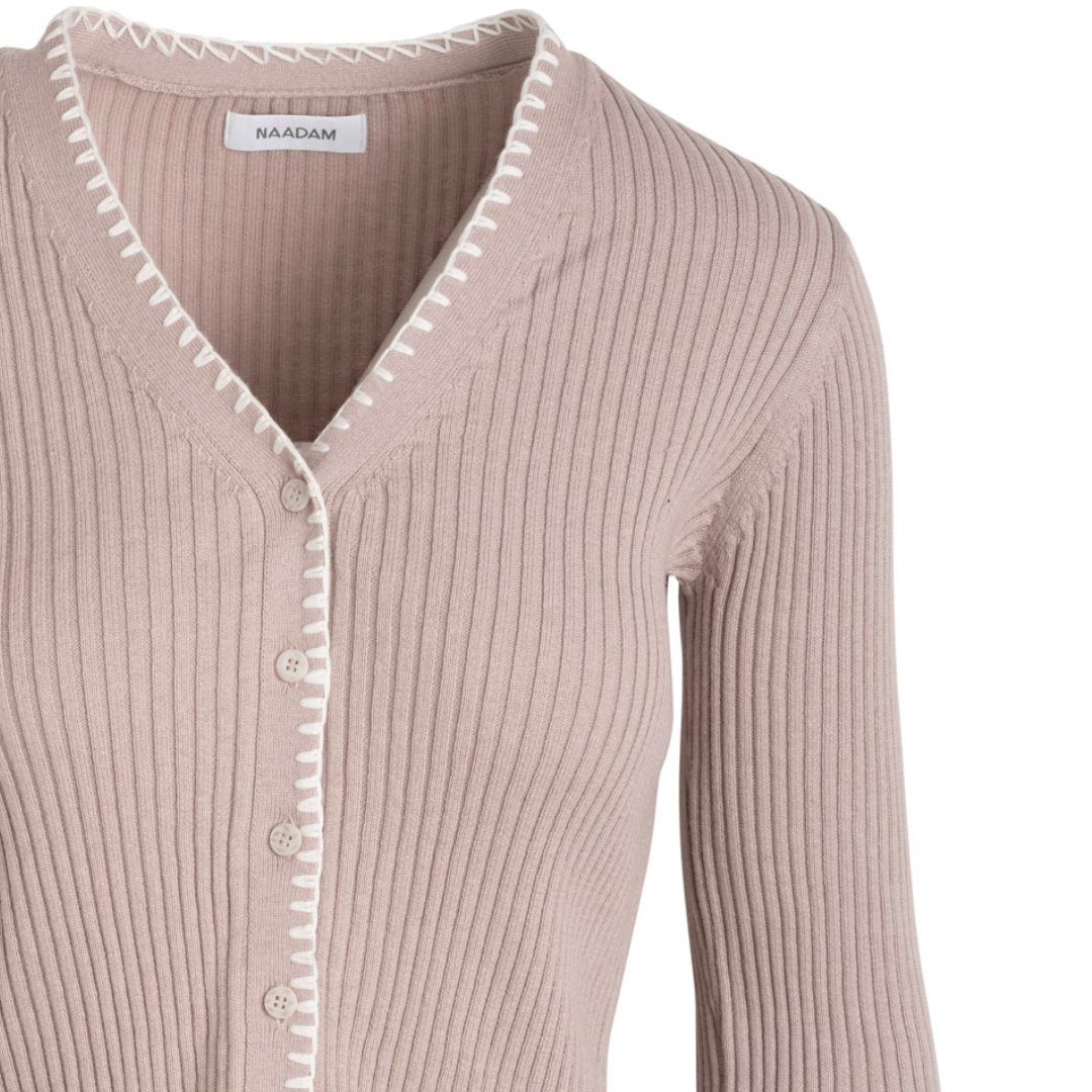 Cotton Cashmere Embroidered Rib Cardigan in Pebble
