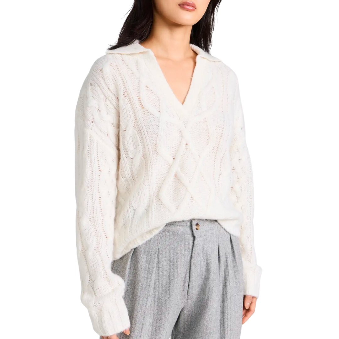 Luxe Cashmere Blend Mixed Cable Polo in Ivory
