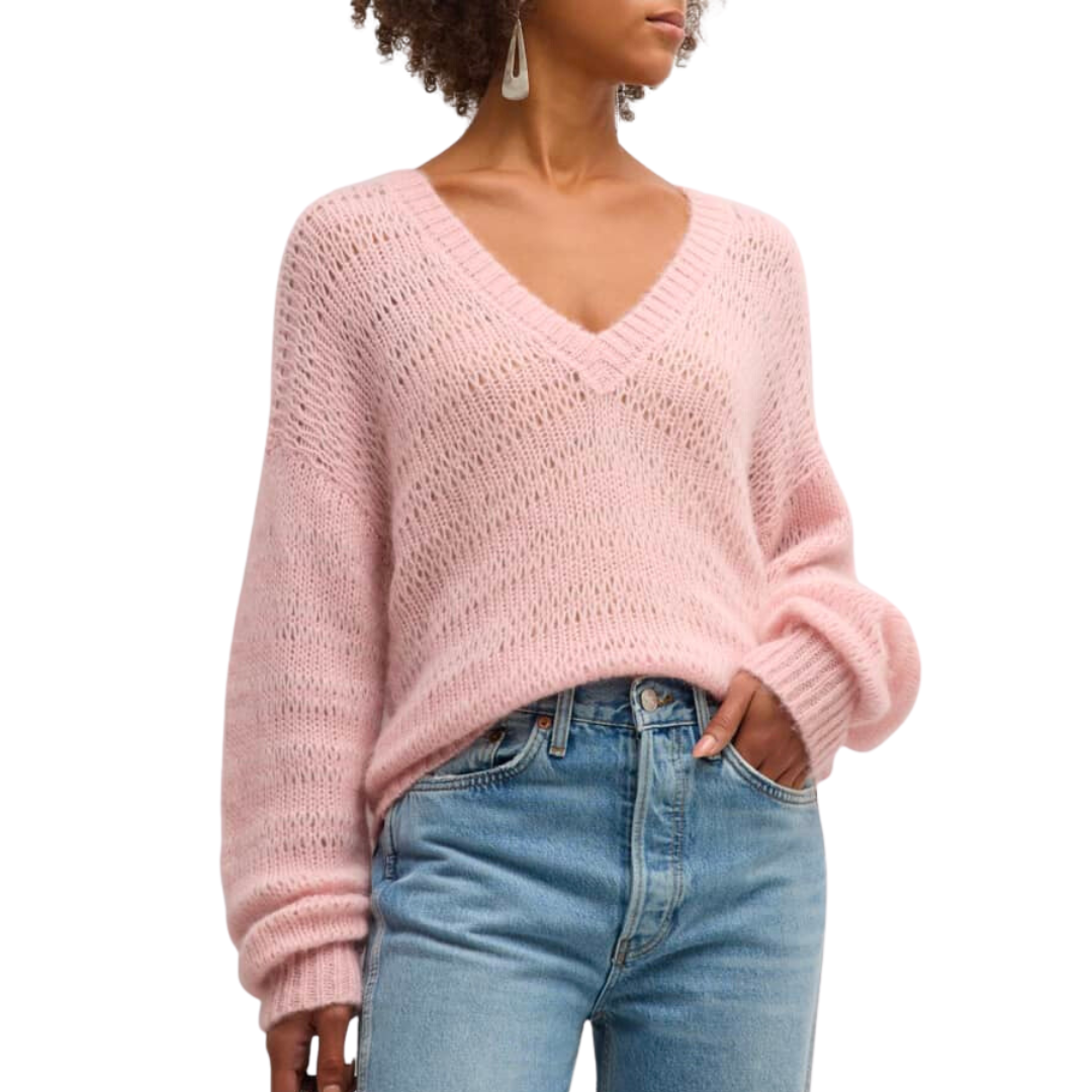 Alpaca Blend Open Stitch V-Neck in Blush