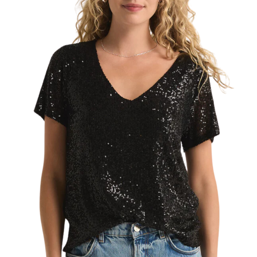 Marbella V-Neck Sequin Top in Black