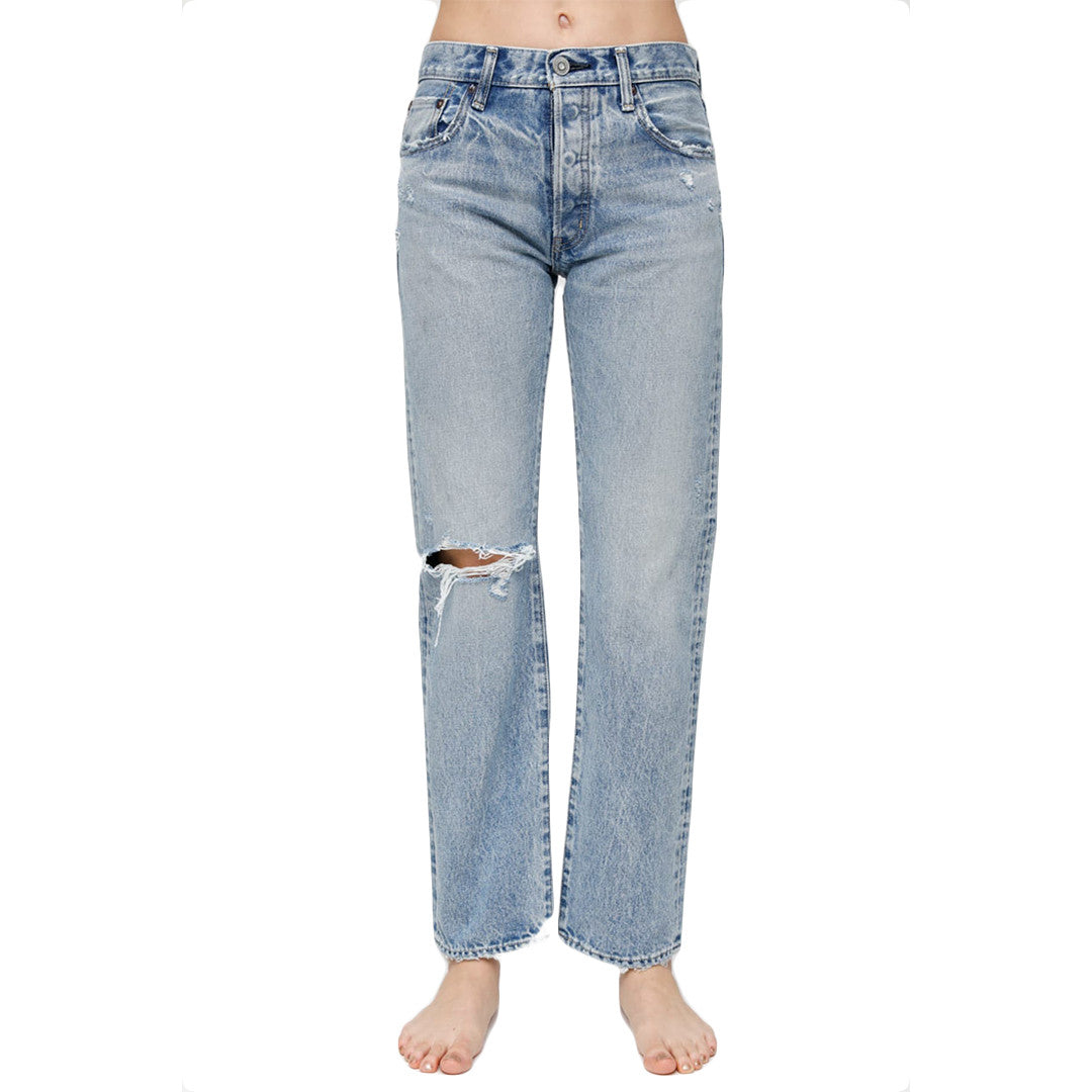 A front-facing image of a model wearing the Hesperia Non-Stretch Straight Fit Jeans created by Moussy and sold by Green Envy.