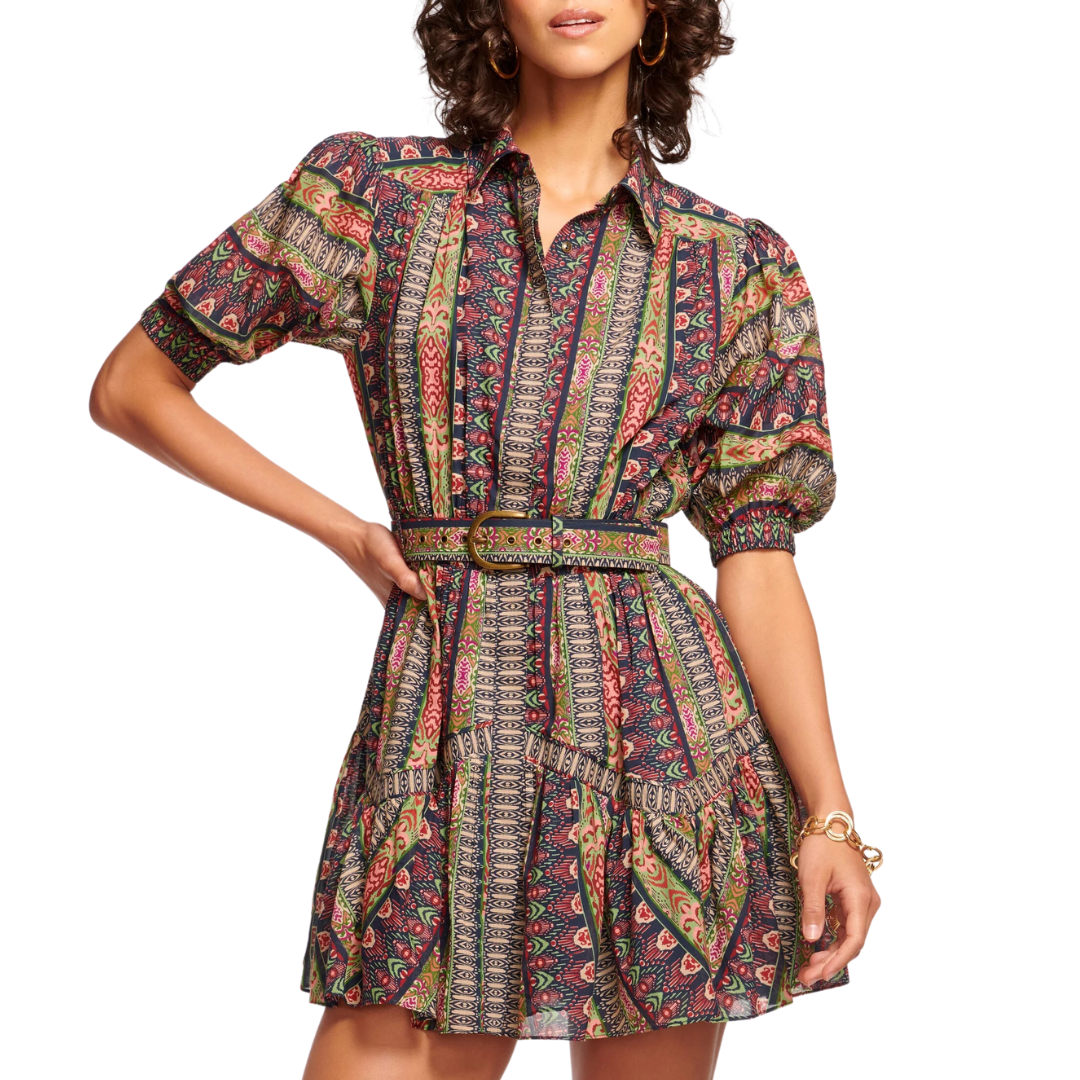 Abilene Puff Sleeve Mini Dress in Navy Ikat