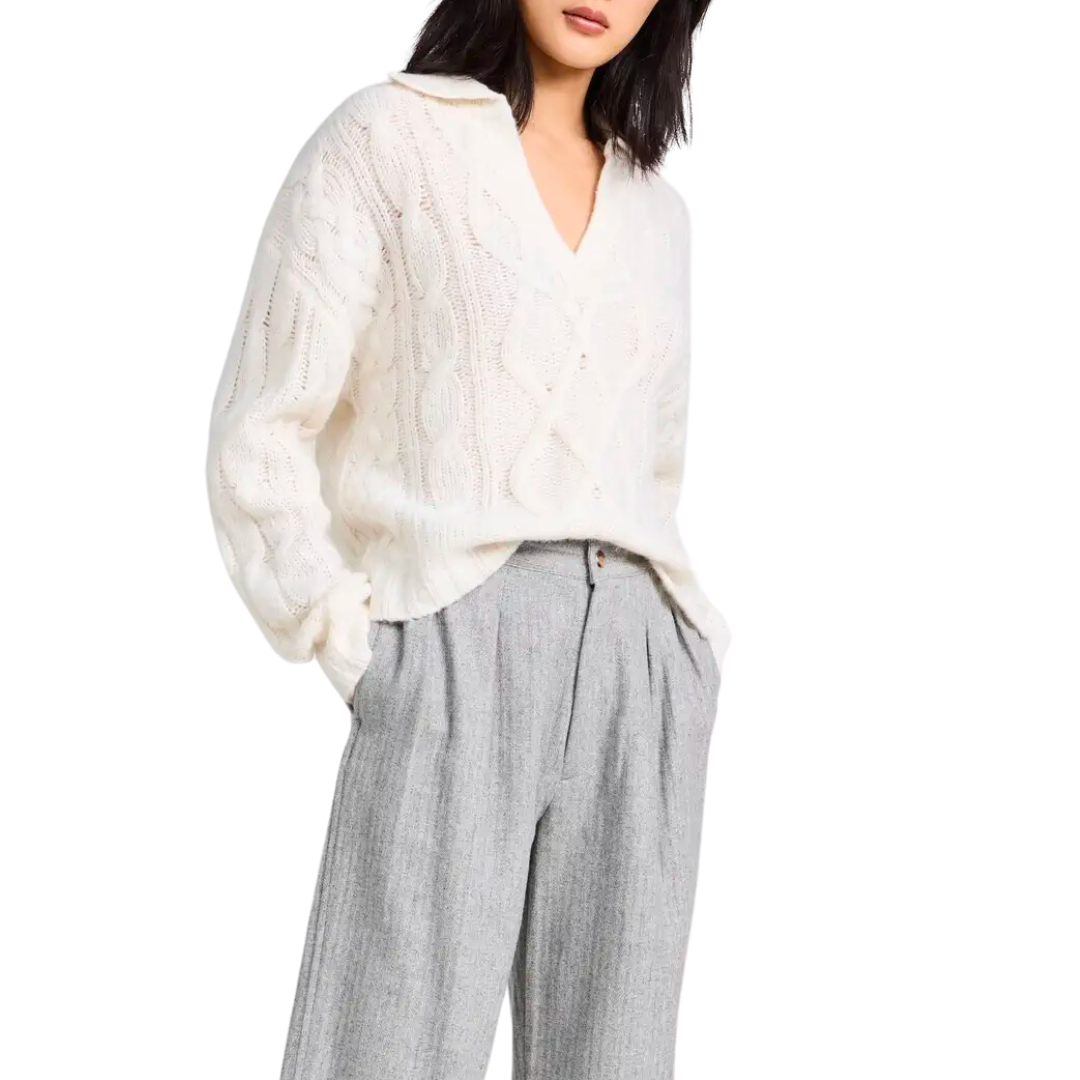 Luxe Cashmere Blend Mixed Cable Polo in Ivory