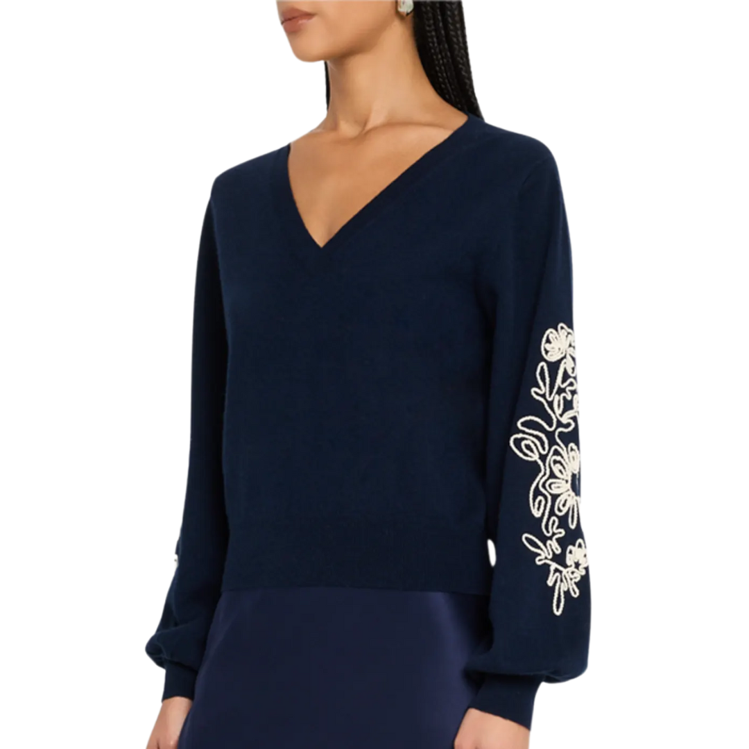 Puff Sleeve V w/ Contrast Embroidery in Navy Combo