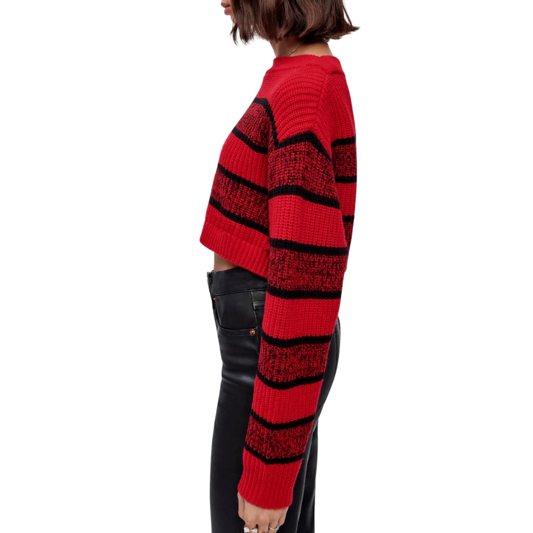 Cropped Boatneck Pullover in Red Black Rugby