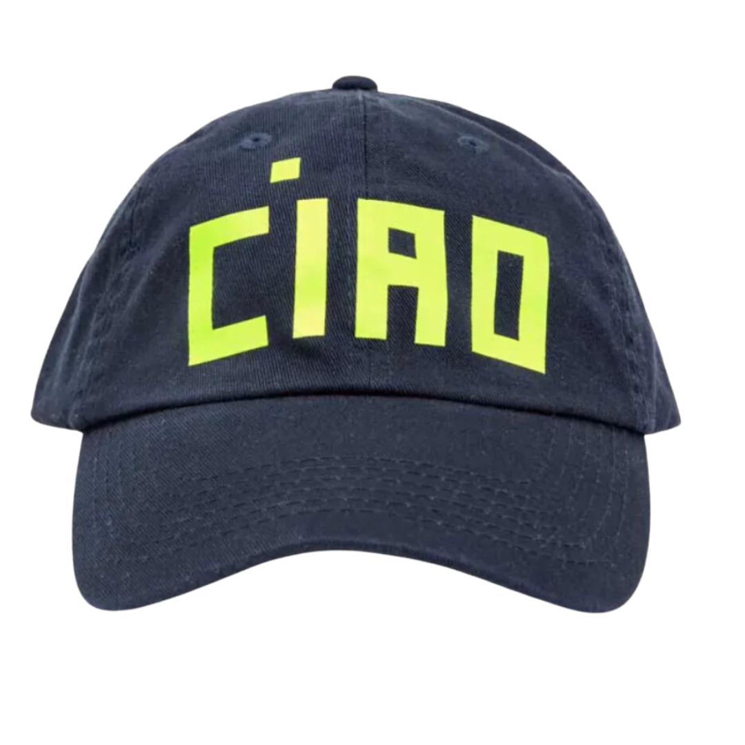 Baseball Hat in Navy w/ Printed Neon Yellow Ciao