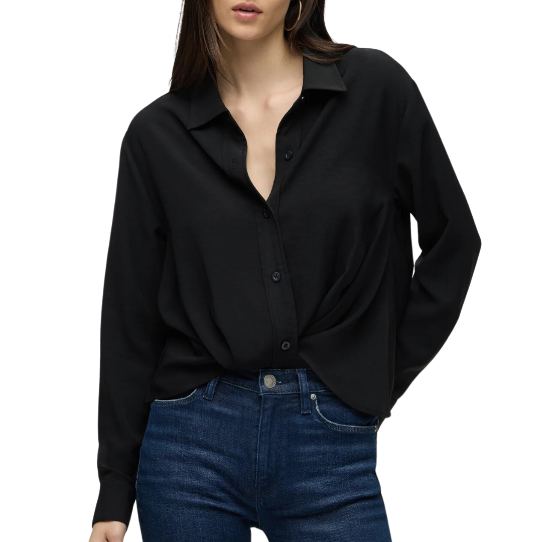 Long Sleeve Knotted Button Down Shirt in Black