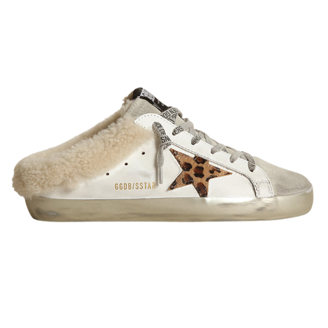 Sabot Slide-on Suede Shearling Sneakers in White Grey with Leopard