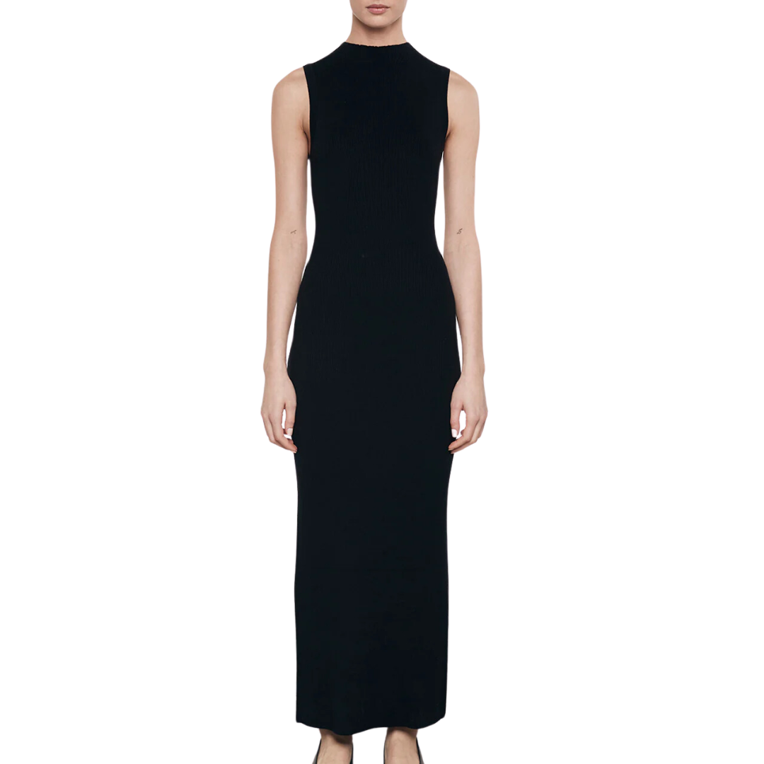 Silk Sweater Knit Mockneck Dress in Black