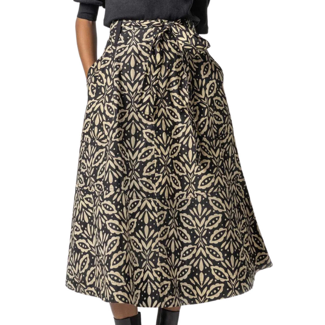 Belted Skirt in Khaki Motif