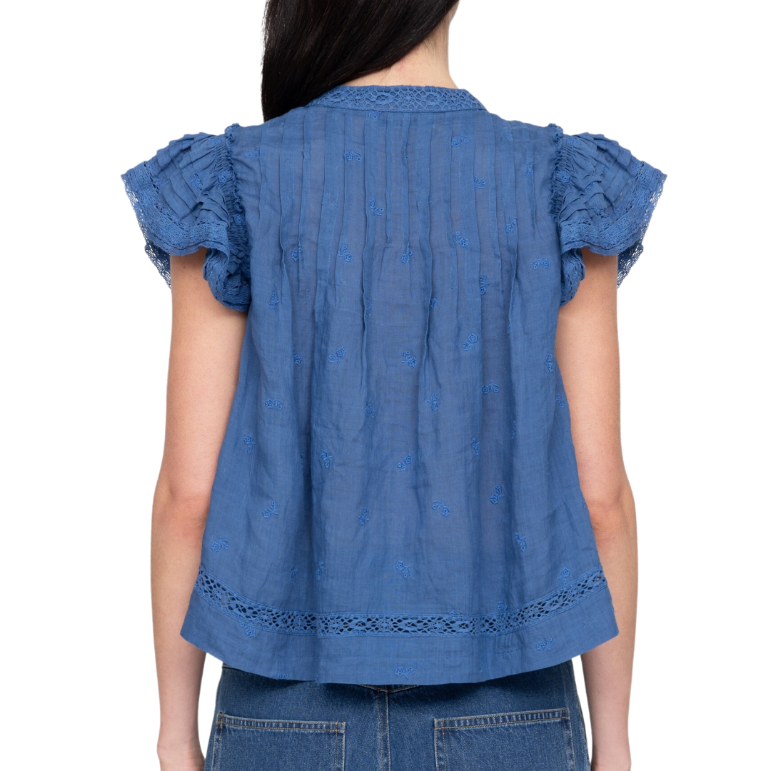 Loren Solid Flutter Sleeve Top in Blue