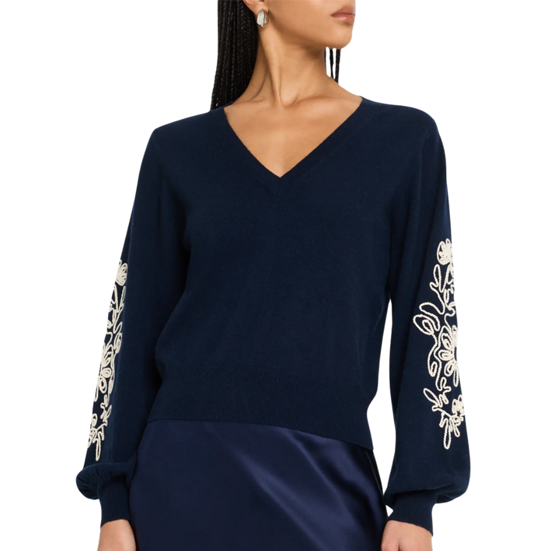 Puff Sleeve V w/ Contrast Embroidery in Navy Combo